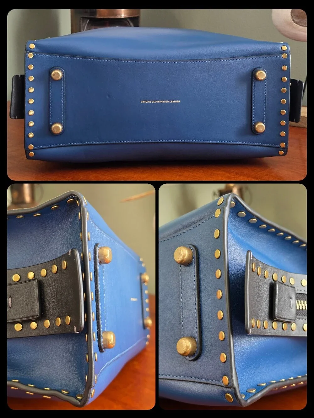 Coach CC381 Rogue 30 True Blue Colorblock Border Rivets Leather Satchel Bag
